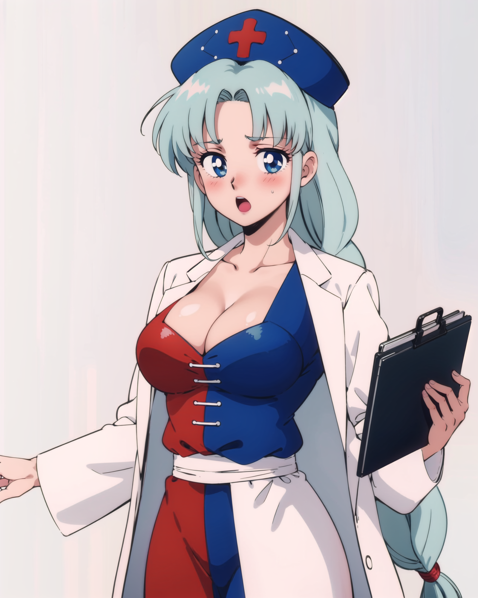 00752-2079820390-,1girl, bangs, blue_dress, blue_eyes, blue_headwear, blush, braid, breasts, cleavage, collarbone, cowboy_shot, clipboard, eyebro.png